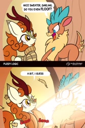 Size: 1124x1680 | Tagged: safe, artist:theratedrshimmer, imported from derpibooru, autumn blaze, deer, kirin, reindeer, them's fightin' herds, 2 panel comic, awwtumn blaze, big ears, chest fluff, chest fluff envy, clothes, cloven hooves, comic, community related, crossover, cute, dialogue, doe, english, female, fluffy, kirinbetes, mare, my eyes, open mouth, reference, smiling, sweater, the fairly oddparents, this will end in pain, turtleneck, understatement, velvet (tfh)