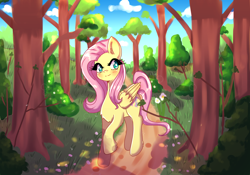 Size: 3000x2100 | Tagged: safe, artist:mylittleyuri, imported from derpibooru, fluttershy, pegasus, pony, blushing, cute, female, forest, mare, shyabetes, smiling, solo