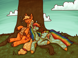Size: 1280x960 | Tagged: safe, artist:theclister, imported from derpibooru, applejack, rainbow dash, earth pony, pegasus, pony, appledash, duo, duo female, eyes closed, female, hat off, lesbian, mare, shipping, singing, tree