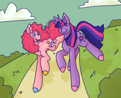 Size: 1280x1032 | Tagged: safe, artist:theclister, imported from derpibooru, pinkie pie, twilight sparkle, earth pony, pony, unicorn, cloud, duo, duo female, eyes closed, female, happy, lesbian, mare, path, shipping, smiling, twinkie, unicorn twilight, walking