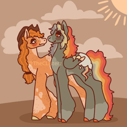 Size: 1280x1280 | Tagged: safe, artist:theclister, imported from derpibooru, applejack, rainbow dash, earth pony, pegasus, pony, appledash, blushing, coat markings, duo, duo female, female, lesbian, looking at each other, looking at someone, mare, shipping, signature, smiling, sun