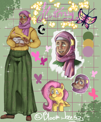 Size: 2592x3116 | Tagged: safe, artist:bloom_beesz, imported from derpibooru, fluttershy, human, pegasus, pony, rabbit, animal, clothes, female, humanized, islam, islamashy, religion