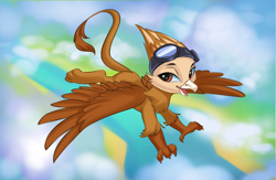 Size: 2180x1422 | Tagged: safe, artist:kittytitikitty, imported from derpibooru, oc, oc only, oc:suban, griffon, cloud, flying, gliding, goggles, griffon oc, scenery, smiling, solo