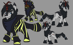 Size: 1920x1200 | Tagged: safe, artist:brainiac, imported from derpibooru, oc, oc only, oc:smoke screen, kirin, firefighter, gray background, male, reference sheet, scar, simple background, solo, stallion