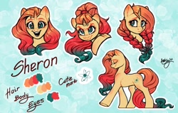 Size: 1280x812 | Tagged: safe, artist:amishy, imported from derpibooru, oc, oc only, oc:sheron, pony, unicorn, abstract background, braid, color palette, eyes closed, female, freckles, gradient mane, mare, open mouth, open smile, ponytail, reference sheet, smiling, solo