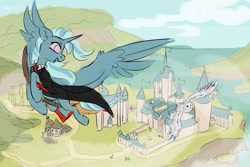 Size: 2560x1707 | Tagged: safe, artist:fluffywhirlpool, artist:silverfir, imported from derpibooru, trixie, alicorn, bird, owl, pony, alicornified, beautiful, broom, castle, clothes, cloud, collaboration, commission, crossover, female, flying, flying broomstick, full body, harry potter (series), hogwarts, horn, looking at something, mare, necktie, open mouth, race swap, robe, sketch, sky, solo, spread wings, tail, trixiecorn, windswept mane, windswept tail, wings, wizard, your character here