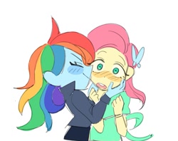 Size: 983x777 | Tagged: safe, artist:thresher_shark_, imported from derpibooru, fluttershy, rainbow dash, human, equestria girls, blush sticker, blushing, cheek kiss, eyes closed, face grab, female, flutterdash, kissing, lesbian, open mouth, shipping, simple background, smiling, white background