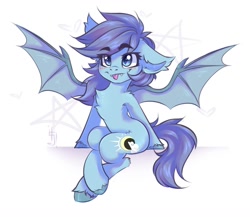 Size: 1383x1200 | Tagged: safe, artist:falafeljake, imported from derpibooru, oc, oc only, bat pony, pony, :p, chest fluff, eyebrows, eyebrows visible through hair, one ear down, sitting, solo, tongue out