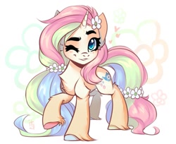 Size: 1200x978 | Tagged: safe, artist:falafeljake, imported from derpibooru, oc, oc only, pony, unicorn, cute, eyebrows, female, flower, flower in hair, mare, one eye closed, simple background, solo, wink