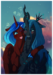 Size: 1483x2085 | Tagged: safe, artist:silverwolf866, imported from derpibooru, queen chrysalis, oc, oc:aine aisling, alicorn, changeling, changeling queen, pony, alicorn oc, blushing, canon x oc, cloven hooves, commission, fangs, female, floppy ears, heart, horn, hug, lesbian, mare, shipping, tongue out, wings