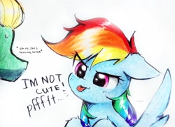 Size: 2238x1629 | Tagged: safe, artist:liaaqila, imported from derpibooru, rainbow dash, zephyr breeze, pegasus, pony, blatant lies, cute, dashabetes, duo, english, female, i'm not cute, liaaqila is trying to murder us, liaaqila is trying to murder us with dashabetes, male, mare, raspberry, stallion, sweat, tongue out, traditional art