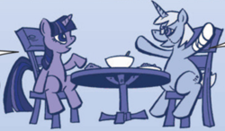 Size: 624x365 | Tagged: safe, idw, imported from derpibooru, jade singer, summer mane, twilight sparkle, pony, unicorn, my little pony micro-series, bandage, bowl, broken leg, chair, cropped, female, glasses, hooves up, horn, mare, sitting, smiling, spoon, table, unicorn twilight