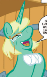 Size: 305x499 | Tagged: safe, idw, imported from derpibooru, jade singer, summer mane, pony, unicorn, my little pony micro-series, bandage, comic, cropped, dialogue, english, eyes closed, female, glasses, horn, laughing, mare, smiling, speech bubble, text