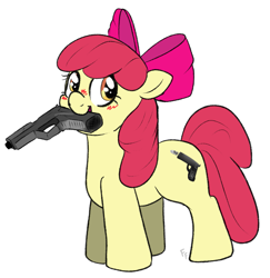 Size: 1767x1818 | Tagged: safe, artist:ponykittenboi, derpibooru exclusive, imported from derpibooru, apple bloom, earth pony, pony, alternate cutie mark, apple bloom's bow, blush sticker, blushing, bow, female, filly, foal, full body, g4, gun, hair bow, handgun, happy, looking at you, mouth hold, pistol, shitposting, signature, simple background, simple shading, smiling, smiling at you, solo, standing, weapon, white background