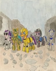 Size: 1047x1345 | Tagged: safe, artist:martialarts2003, imported from derpibooru, hitch trailblazer, izzy moonbow, pipp petals, sunny starscout, zipp storm, earth pony, pegasus, pony, unicorn, apocalypse, armor, armored pony, building, captain power and the soldiers of the future, circuit board, cybernetic legs, g4, g5, g5 to g4, gear, generation leap, glass, gun, helmet, parts, rubble, ruins, traditional art, visor, weapon