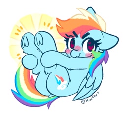 Size: 1294x1213 | Tagged: safe, artist:ruef, imported from derpibooru, rainbow dash, pegasus, pony, 2022, >:3, blush sticker, blushing, butt, colored, cute, dashabetes, dock, emanata, eye clipping through hair, eyebrows, eyebrows visible through hair, female, flat colors, fluffy, folded wings, heart, heart eyes, holding legs, hoof focus, hooves, looking at you, lying down, mare, on back, one ear down, plot, signature, simple background, smiling, smiling at you, solo, tail, thick eyebrows, thick eyelashes, underhoof, wavy mouth, white background, wingding eyes, wings