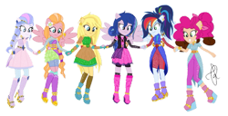 Size: 1024x524 | Tagged: safe, imported from derpibooru, oc, oc only, human, equestria girls, boots, clothes, clothes swap, crystal guardian, dress, female, fishnets, flower, flower in hair, freckles, group, high heel boots, holding hands, jewelry, next generation, offspring, parent:applejack, parent:big macintosh, parent:caramel, parent:cheese sandwich, parent:fancypants, parent:flash sentry, parent:fluttershy, parent:pinkie pie, parent:rainbow dash, parent:rarity, parent:soarin', parent:twilight sparkle, parents:carajack, parents:cheesepie, parents:flashlight, parents:fluttermac, parents:raripants, parents:soarindash, platform boots, ponied up, shoes, simple background, smiling, transparent background