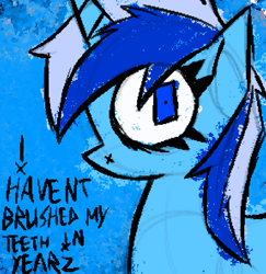 Size: 812x837 | Tagged: safe, artist:xxv4mp_g4z3rxx, imported from derpibooru, minuette, pony, unicorn, blue background, blue coat, english, female, horn, looking at you, mare, shrunken pupils, simple background, solo, text, two toned mane, wide eyes