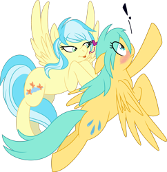 Size: 3473x3591 | Tagged: safe, artist:enigmaticfrustration, artist:thatusualguy06, imported from derpibooru, misty fly, sunshower raindrops, pegasus, pony, .svg available, :p, blushing, duo, exclamation point, eye clipping through hair, female, flying, heart, high res, lesbian, mare, mistydrops, onomatopoeia, shipping, simple background, svg, tongue out, transparent background, vector, wings