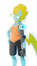 Size: 1172x2047 | Tagged: safe, artist:jaynatorburudragon, imported from derpibooru, oc, oc only, oc:tech gear, anthro, clothes, hand on hip, robotic arm, shorts, solo, tanktop