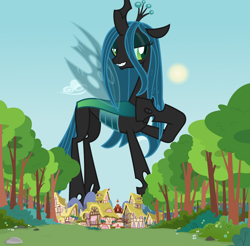 Size: 1280x1262 | Tagged: safe, edit, editor:jaredking779, imported from derpibooru, queen chrysalis, changeling, changeling queen, attack on changeling, attack on titan, female, giant (queen) chrysalis, giant changeling, giantess, looking at you, macro, mega giant, ponyville, ponyville town hall, smiling, solo, tree