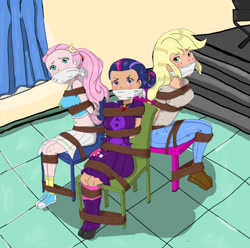 Size: 1242x1234 | Tagged: safe, artist:cottonkeystrokes, imported from derpibooru, applejack, fluttershy, twilight sparkle, human, equestria girls, belly button, bondage, bound and gagged, bound together, cloth gag, clothes, converse, female, gag, humanized, looking at you, looking up, midriff, requested art, ropes, shoes, skirt, struggling, tied hair, tied to chair, tied up, trio