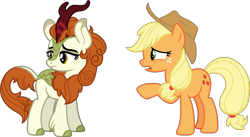 Size: 5250x2885 | Tagged: safe, artist:eclipsethings, imported from derpibooru, applejack, autumn blaze, earth pony, kirin, pony, sounds of silence, applejack's hat, cloven hooves, cowboy hat, duo, female, freckles, hat, mare, simple background, transparent background, vector