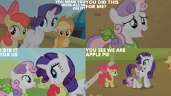 Size: 4400x2475 | Tagged: safe, edit, edited screencap, editor:quoterific, imported from derpibooru, screencap, apple bloom, applejack, rarity, sweetie belle, earth pony, pony, unicorn, sisterhooves social, crying, english, female, filly, foal, mare, siblings, tears of joy