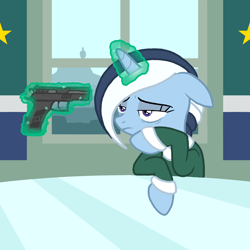 Size: 2160x2160 | Tagged: safe, artist:jusussi, imported from derpibooru, oc, oc:river swirl, pony, unicorn, equestria at war mod, depressed, glowing, glowing horn, gun, handgun, horn, imminent death, imminent suicide, magic, pistol, telekinesis, weapon