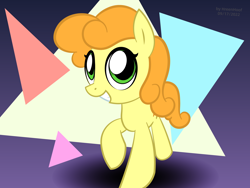 Size: 1600x1200 | Tagged: safe, artist:greenhoof, imported from derpibooru, carrot top, golden harvest, earth pony, pony, abstract background, female, happy, looking at you, mare, raised hoof, smiling, solo, triangle, vector