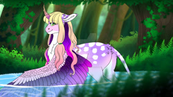 Size: 1280x716 | Tagged: safe, artist:malinraf1615, imported from derpibooru, oc, alicorn, pony, curved horn, deviantart watermark, ethereal mane, female, g5, g5 oc, horn, leonine tail, mare, obtrusive watermark, solo, starry mane, starry wings, sunny's mom, tail, water, watermark, wings