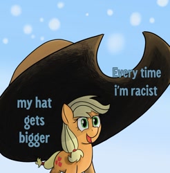 Size: 1080x1099 | Tagged: safe, artist:nonnyanon, imported from derpibooru, applejack, earth pony, pony, bigotjack, comments locked down, cowboy hat, dialogue, english, female, giant hat, hat, impossibly large hat, mare, meme, open mouth, open smile, oversized hat, ponified, ponified meme, racism, smiling, solo