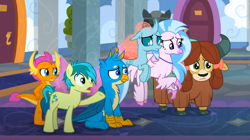 Size: 1131x632 | Tagged: safe, imported from derpibooru, screencap, gallus, ocellus, sandbar, silverstream, smolder, yona, changedling, changeling, classical hippogriff, dragon, earth pony, griffon, hippogriff, pony, yak, uprooted, bow, cloven hooves, colored hooves, cropped, dragoness, female, hair bow, jewelry, male, monkey swings, necklace, raised hoof, student six