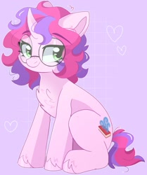 Size: 1186x1420 | Tagged: safe, artist:cinnamontee, imported from derpibooru, oc, oc only, oc:melody (melodylibris), pony, unicorn, chest fluff, female, glasses, heart, mare, ponysona, purple background, simple background, solo