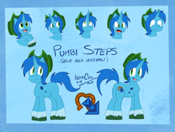 Size: 1996x1510 | Tagged: safe, artist:ismazhecat, imported from derpibooru, oc, oc only, oc:pumbi steps, unicorn, arrow, blue, cutie mark, english, facial expressions, fedora, hat, hooves, reference sheet