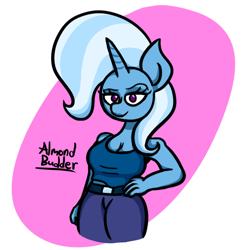 Size: 630x630 | Tagged: safe, artist:almondbudder, imported from derpibooru, trixie, anthro, unicorn, breasts, cleavage, female, hand on hip, looking at you, solo