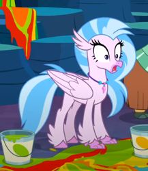 Size: 496x571 | Tagged: safe, imported from derpibooru, screencap, silverstream, yona, classical hippogriff, hippogriff, yak, uprooted, colored hooves, cropped, female, jewelry, necklace, offscreen character, open mouth, reaction image