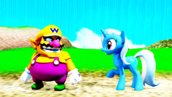 Size: 1920x1080 | Tagged: safe, artist:pac-mario64, imported from derpibooru, trixie, human, pony, unicorn, 3d, crossover, looking at each other, looking at someone, mmd, nintendo, open mouth, super mario bros., super smash bros., wario