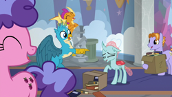 Size: 1280x720 | Tagged: safe, imported from derpibooru, screencap, auburn vision, berry blend, berry bliss, gallus, ocellus, smolder, changedling, changeling, dragon, earth pony, griffon, pony, school daze, book, box, friendship student, school of friendship, statue