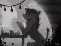 Size: 2732x2048 | Tagged: safe, artist:rottengotika, imported from derpibooru, oc, oc only, pony, bread, candle, chair, eating, food, grayscale, herbivore, monochrome, solo, table