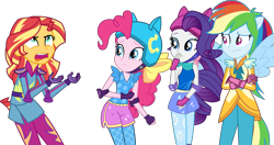 Size: 7397x3909 | Tagged: safe, artist:eclipsethings, imported from derpibooru, pinkie pie, rainbow dash, rarity, sunset shimmer, human, equestria girls, friendship games, bow, hair bow, motocross outfit, ponied up, simple background, skating outfit, sunset shimmer is not amused, transparent background, unamused, vector