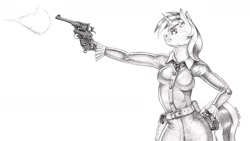 Size: 1600x902 | Tagged: safe, artist:baron engel, imported from derpibooru, oc, oc only, oc:skyfall, anthro, unicorn, belt, breasts, coveralls, firing, gun, hand on hip, handgun, holster, monochrome, pencil drawing, pistol, revolver, shooting, simple background, solo, stance, story included, tight clothing, traditional art, weapon, white background