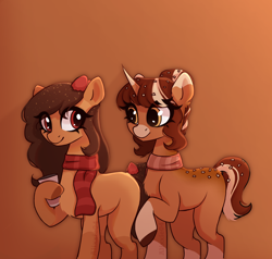 Size: 1950x1860 | Tagged: safe, artist:_alixxie_, imported from derpibooru, oc, oc only, oc:kayla, oc:ruby, earth pony, pony, unicorn, bow, clothes, eye clipping through hair, female, hoof hold, horn, looking at each other, mare, raised hoof, scarf, socks (coat marking), striped scarf, tail bow, white muzzle