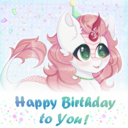 Size: 1000x1000 | Tagged: safe, artist:saltyvity, imported from derpibooru, oc, kirin, beads, blushing, brown hair, confetti, cute, cute face, cute smile, ear fluff, fluffy, green eyes, happy, happy birthday, hat, horn, kirin oc, open mouth, party hat, simple background, solo, text, white body