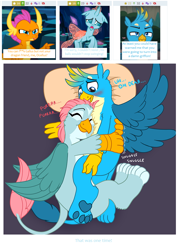 Size: 860x1148 | Tagged: safe, artist:caroo, edit, edited screencap, editor:thegamerpainter, imported from derpibooru, screencap, gallus, ocellus, smolder, changedling, changeling, dragon, griffon, derpibooru, school daze, uprooted, blushing, censored, censored vulgarity, chest fluff, cuddlebug, cuddling, cute, diaocelles, discussion, disguise, disguised changeling, english, female, fluffy, frog (hoof), gallabetes, griffon ocellus, griffonized, hnnng, imminent breakup, interspecies, juxtaposition, lesbian, luslus, male, meta, onomatopoeia, paw pads, paws, purple background, purring, sad, screenshots, shipping, simple background, sleeping, smolcellus, snuggling, sound effects, species swap, spread wings, straight, toe beans, transformation, underhoof, underpaw, vulgar, wings, zzz