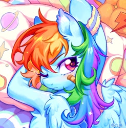 Size: 1180x1197 | Tagged: safe, artist:千雲九枭, imported from derpibooru, rainbow dash, pegasus, pony, bandaid, bed mane, blushing, chest fluff, clothes, cushion, female, human shoulders, leg warmers, looking at you, mare, one eye closed, pillow, solo