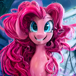 Size: 1024x1024 | Tagged: safe, imported from derpibooru, pinkie pie, earth pony, pony, ai content, ai generated, big smile, blue eyes, generator:purplesmart.ai, generator:stable diffusion, happy, messy mane, pink hair, smiling, solo