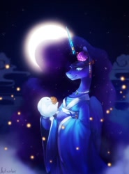 Size: 1152x1553 | Tagged: safe, artist:anticular, imported from derpibooru, princess luna, alicorn, firefly (insect), insect, pony, rabbit, semi-anthro, animal, bipedal, chang'e, clothes, female, flower, flower in hair, full moon, horn, horn jewelry, horn ring, jewelry, mare, moon, moon rabbit, night, ring, ruqun, solo, wings