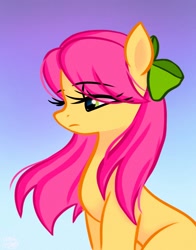Size: 1074x1368 | Tagged: safe, artist:petaltwinkle, imported from derpibooru, earth pony, pony, bow, female, frown, g5, gradient background, hair bow, loose hair, mare, posey bloom, sad, solo