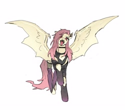 Size: 2812x2476 | Tagged: safe, artist:qhsg3, imported from derpibooru, fluttershy, bat pony, bat ponified, choker, clothes, fishnets, flutterbat, forked tongue, looking at you, open mouth, piercing, race swap, simple background, solo, stockings, thigh highs, tongue out, tongue piercing, torn clothes, white background